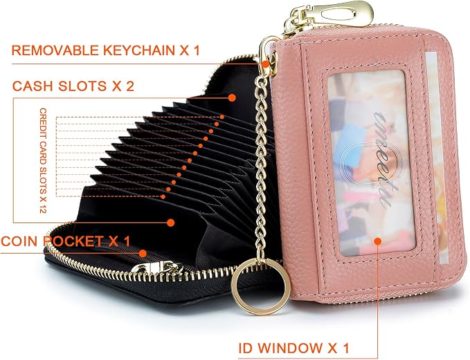 imeetu RFID Credit Card Holder, Small Card Wallet Women, Leather Card Case | Genuine Leather Women's Card & id Cases, Change Coin Purse with Zipper Keychain id Window, 20 Colors & 3 Styles, Daily, Gifts