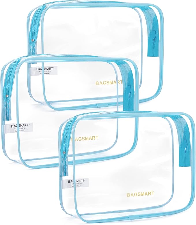 BAGSMART Clear Toiletry Bag 3-Pack TSA Approved Water-Repellent, Blue | Carry on Travel Accessories Bag, Airport Airline Quart Size Bags for Women Men, Makeup Cosmetic Bag