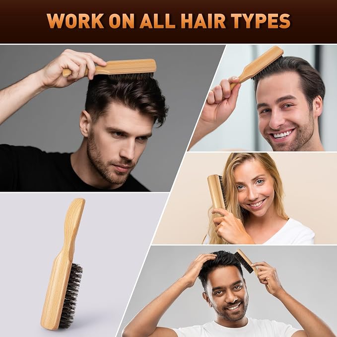 Boar Bristle Hair Brush for Men - Slick Back Hair Brush - Mens Hairbrush with Stiff Bristles & Wooden Handle, for Thick, Fine & Normal Hair Smoothing Styling Adding Shine, Beard Mustache Brush Comb