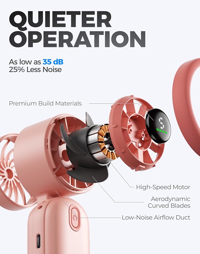 Diveblues Mini Portable Handheld Turbo Fan 27ft/s, 4000mAh Battery | 12H Max Cooling, 5 Speeds, LED Display, Quiet Motor, 3-in-1 Handheld/Neck/Desk Fan for Travel, Cruise & Disney Essentials