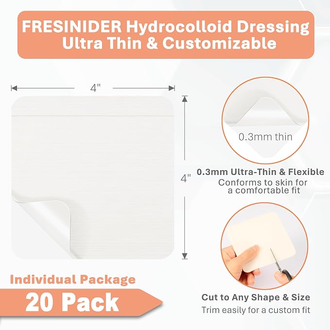 FRESINIDER Hydrocolloid Wound Dressing 4" x 4" – 20 Pack Ultra Thin Self-Adhesive Bandages for Wound Care, Bed Sores, Acne, Blisters – Waterproof & Absorbent Hydrocolloid Patches for Faster Healing