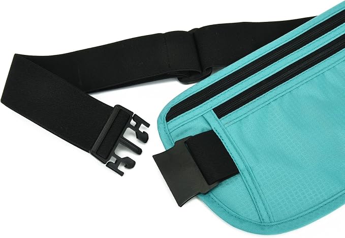 RFID Blocking Money Belt for Men Women, Slim Fanny Pack for Travel，Running,Conceal Waist Wallet for Passport Holder,Phone,Cash(Black Mint Green)