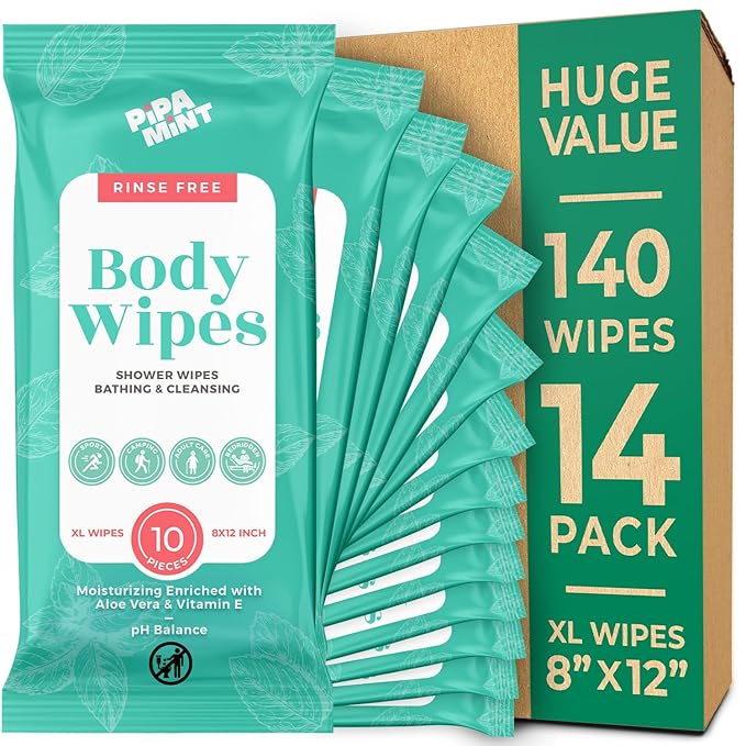 Body Wipes - (14 Pack) - 140 XL Bath Wipes for Adults No Rinse, Adult Wipe for Elderly - Body & Face Gentle Skin Cleansing, Shower Wipe Bathing for Travel, Elderly, Car, Gym, Camping (8x12 Inch)