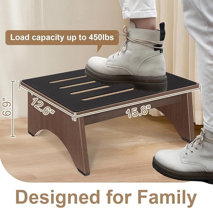 One Step Stool for Adults Seniors with Non-Slip Rubber Stepping Surface, 6.9" Portable Single Wooden Riser, 450 LBS Capacity for Bedroom Kitchen Bathroom, or Bedside, Senior Support (Brown)