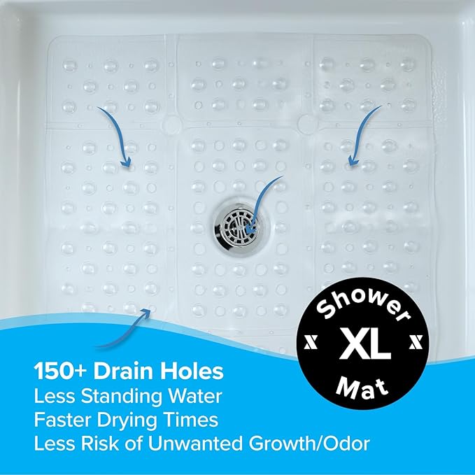 SlipX Solutions 27" Oversize Square Shower Mat, Non-Slip Mat for Elderly & Kids, 100+ Power Grip Suction Cups for Smooth Surfaces, Machine Washable, Clear