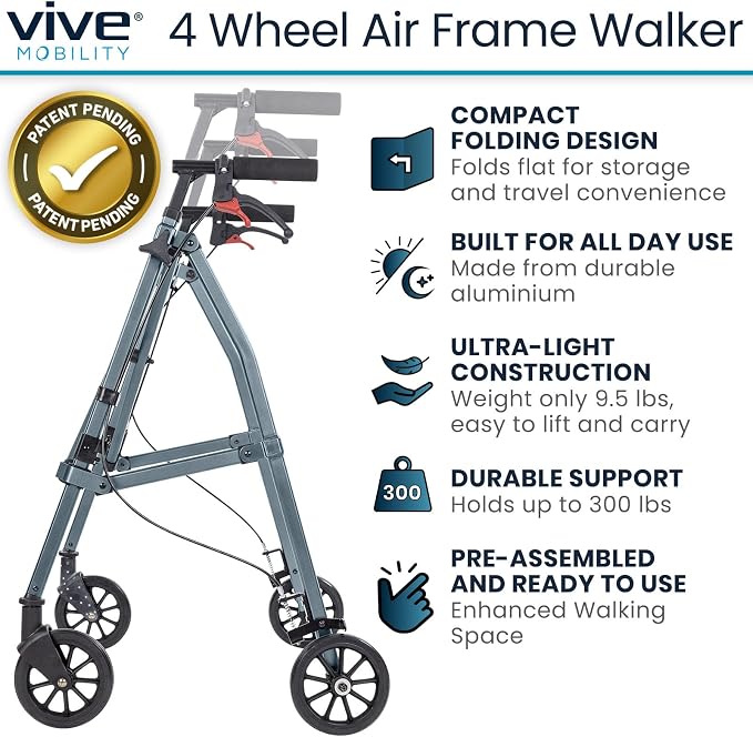 Vive Mobility Lightweight Walker for Seniors - Narrow, Folding Walker | W/Wheels for Small & Tight Spaces - Light Weight for Balance, Compact Doorways, Foldable - Portable & Collapsible for Travel