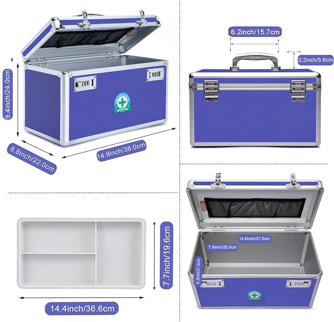 Large Capacity Combination Locking Medicine Box with Portable Storage Case，15''x 8.7''x 9.3'', Childproof Medication Lock Organizer， Lockbox for Secure Cash, ID Documents (BLUE)
