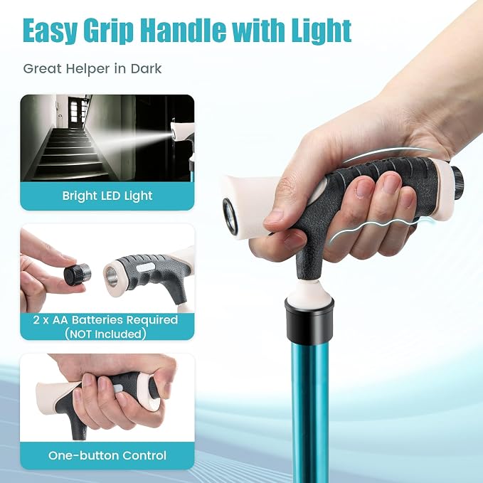 S AFSTAR Walking Cane with Seat, Height Adjustable Cane Chair with LED Light & Retractable 3 Legs, Portable Anti-Slip Seat Cane, Heavy Duty Walking Stick Chair for Seniors Elderly