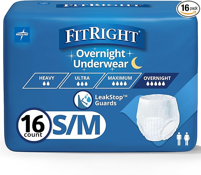 FitRight Overnight Unisex Underwear, Small/Medium (28-40 in Waist), 16 Count, Maximum All Night Disposable Incontinence Protection, Pull-On Absorbent Underwear for Men & Women, 1 Bag
