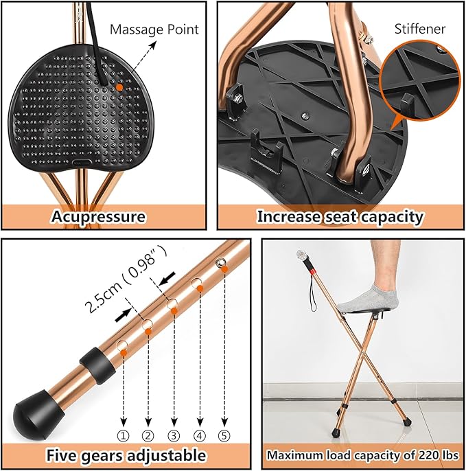 Cane with Seat for Men 220 lbs Capacity, Height Adjustable Foldable Stick Chair Cane and Stool Dual-use with LED Flashlight, Warning Light and Alarm for Elderly and Adults.