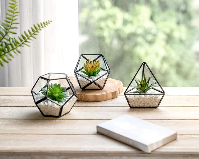 Mkono Artificial Succulent in 3 Pack Mini Glass Geometric Terrarium, Miniature Potted Faux Plant Bookshelf Desk Boho Office Room Decor for Women Girls Dorm Gift Idea, Black