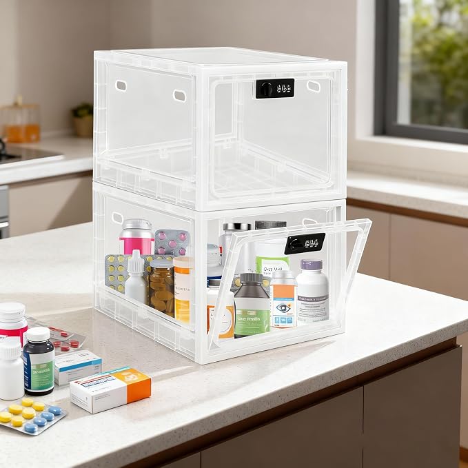 Gemaxvoled 2 Pack Medicine Lock Box, Large Capacity Premium Material Lockable Storage Bin Organizer Box with Combination Code for Safe Medication/Fridge Food/Snacks/Phone/Tablet Jail(White)