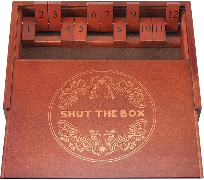 AMEROUS Shut The Box Dice Game，Wooden Board Table Math Game with Lid - 6 Dice - Gift Package - Rules, Classic Board Game for Kids Adults, Family