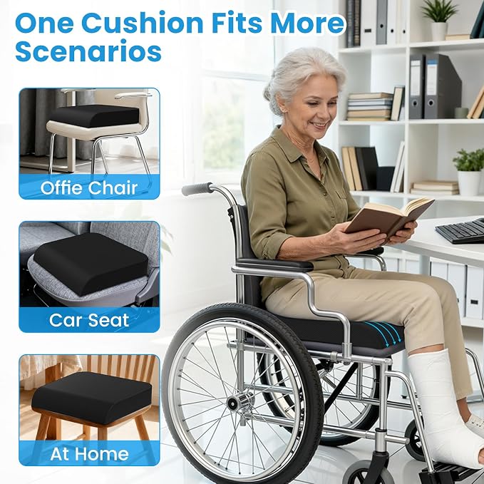 Wheelchair Seat Cushion Cooling Gel Memory Foam Chair Cushion | Pressure Relief, Slope-Edge Design, Coccyx Support for Tailbone Pain, Non-Slip, for Wheelchairs, Office Chairs & Car Seats