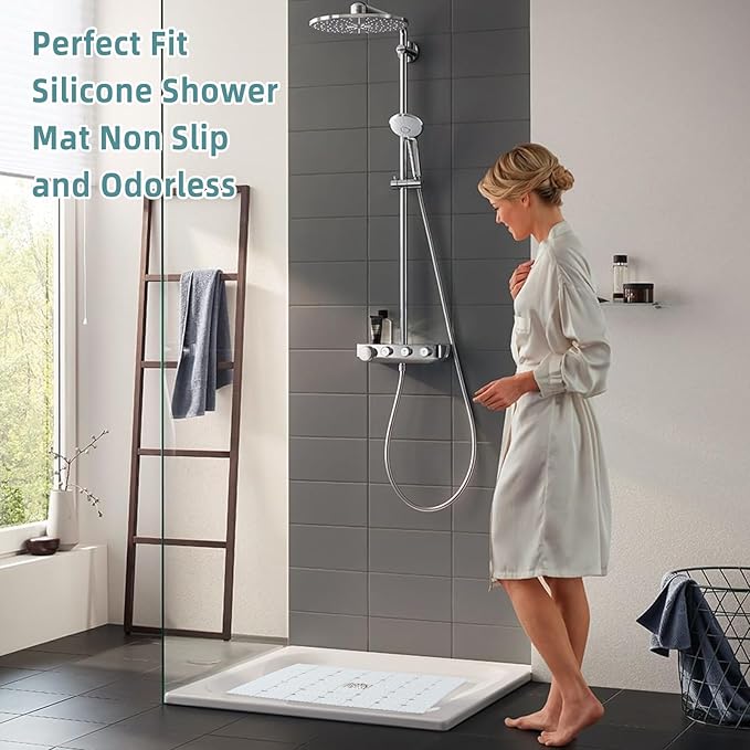 Shower Mat Non Slip Silicone Soft Odorless Bathtub Mat Non Slip No Suction Cups for Refinished,Reglazed and Textured Bath Tub Mat 24 X 24 Inch White