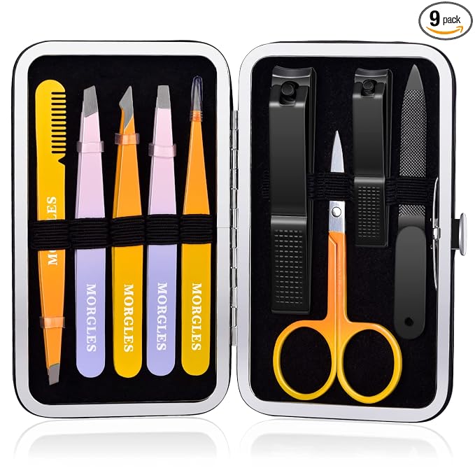 MORGLES Tweezers Set 9 Pcs Colorful Nail Clipper Kit with Case for Grooming | 5 Tweezers, Clippers, Scissors, Rust-Proof Steel, Travel Press-On Case, Gift for Him/Her, for Splinters, Brows, Facial Hair