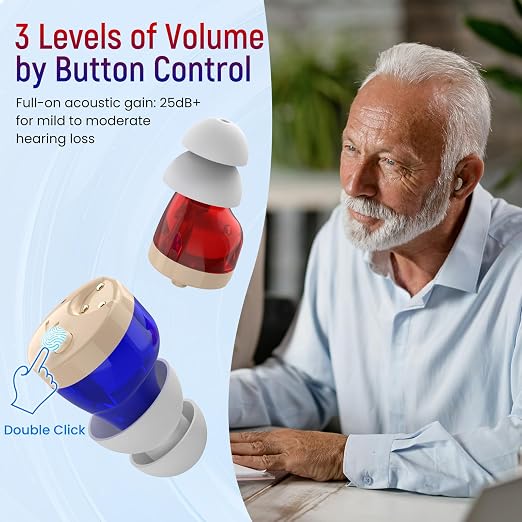 Saban OTC Digital Hearing Aids,Nearly Invisible Hearing Amplifiers | Rechargeable, with Noise Cancelling, for Hearing Loss, Red & Blue