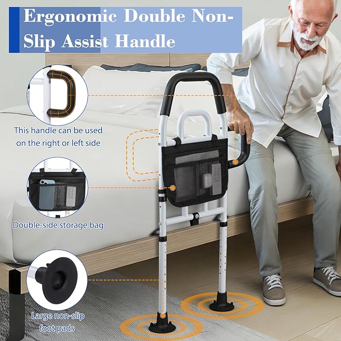 Bed Rails for Elderly Adults Safety, ASTM Approved Upgrade Bed Assist Rail for Seniors - Adjustable Bed Cane with Non-Slip Ergonomic Handle & Storage Pocket, Fit King Queen Full Twin Beds