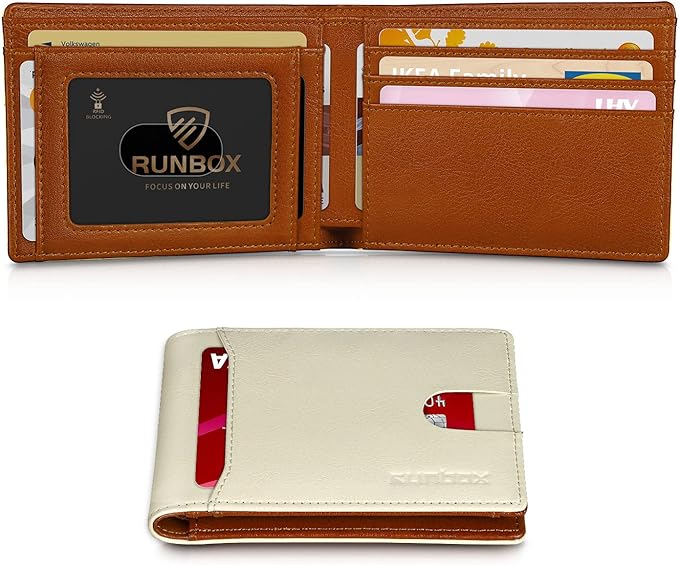 RUNBOX Wallet for Men, Slim Leather Bifold, RFID Blocking Card Holder | Minimalist Front Pocket Design, Credit Card Organizer, Holds 11 Cards, Large Capacity, Thin Profile, Birthday Gifts for Men