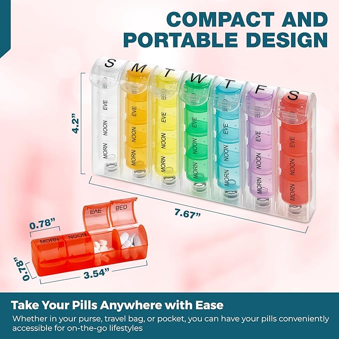 Weekly Pill Organizer - Pill Planners for Pills and Vitamins Day Week, 4 Times-a-Day Medication Reminder, AM PM Compartments Monday to Sunday for Travel or Purse
