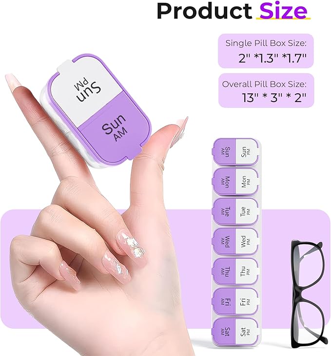 Odaro Extra Large Weekly Pill Organizer 2 Times A Day, Pill Box 7 Day Am Pm to Hold Daily Medicine Vitamin and Supplements - Purple