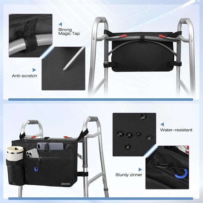 ZHCHG Walker Bag with Cup Holder, Walker Accessories for Seniors Detachable | Foldable Walker Basket with Large Capacity, Best Gift (Not Fit Rollator Walkers)- Black