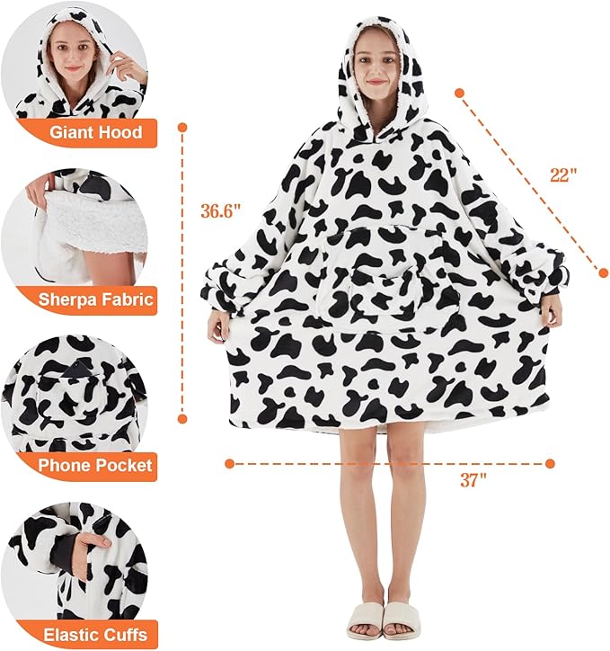 JOYWOO Cow Wearable Blanket Hoodie,Oversized Cat Lovers Sweatshirt Blanket for Adult,Christmas Gifts for Women,Mom,Girlfriend,Cozy Sherpa Hooded Blanket with Giant Pocket and Winter Gifts,Cow Print