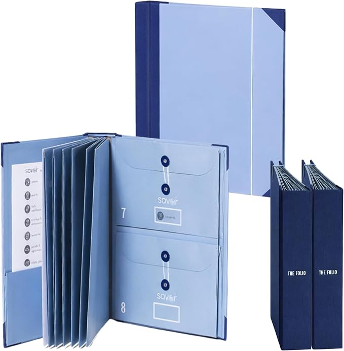 The Folio® Important Document Organizer by Savor | Binder with Guided Labels, Acid-Free File Folder Organizer with 10 Pockets, Document Holder for Home Records, Legal and Medical Papers (Blue) 2 Set