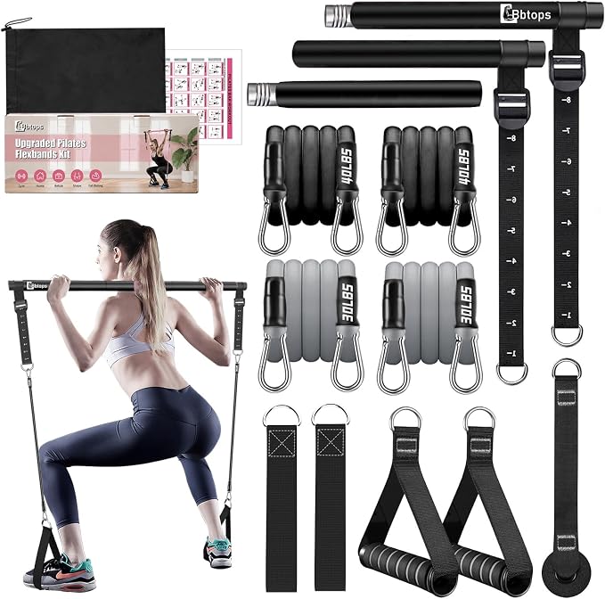 Bbtops Pilates Bar Kit with Resistance Bands,Pilates Bar with Stackable Bands Workout Equipment for Legs,Hip,Waist and Arm,Exercise Fitness Equipment for Women & Men Home Gym Yoga Pilates