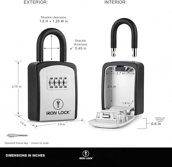 Iron Lock® Small Portable Key Lock Box with Code, U-Shackle (Small, Grey) | U-shackle opens fully out to loop over a handle, gate, latch or rail; rolling combination dials, no app, no battery
