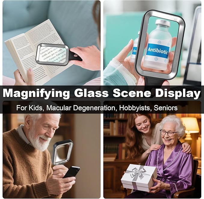 10X Magnifying Glass with Light, Rechargeable Magnifier with 3 Color Modes, Lighted Magnifying Glass Handheld for Seniors Reading Low Vision, Inspection, Close Work