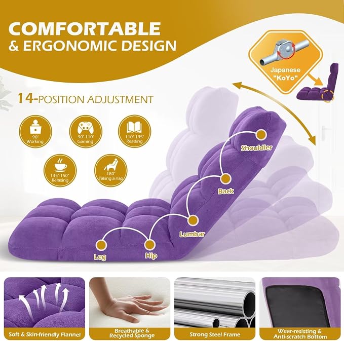 Folding Floor Gaming Chair, Adjustable 14-Position Backrest, 6-Inch Thick Flannel and Skin-Friendly Cotton Sponge, Breathable, Ideal for Gaming, Meditating, Sleeping, Purple