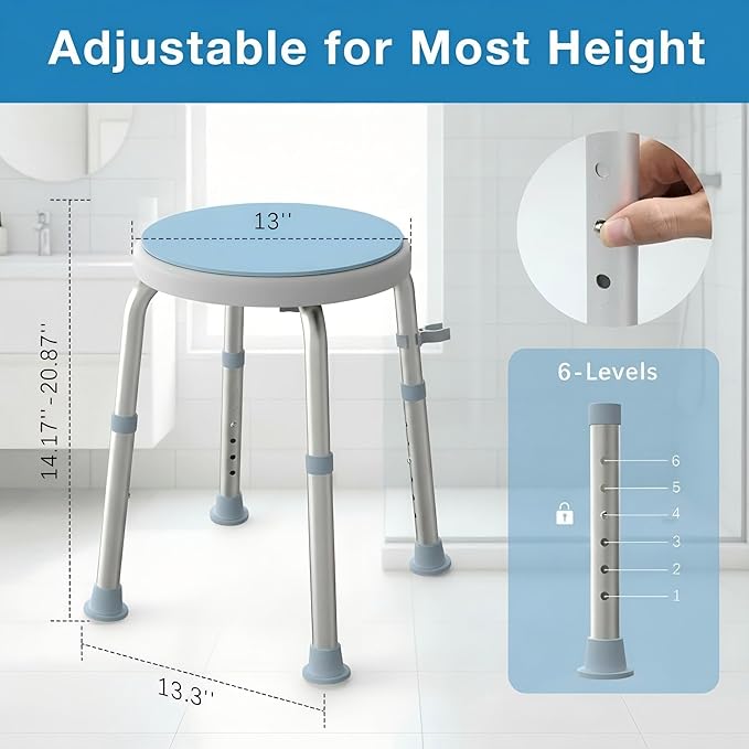 Swivel Shower Stool for Inside Shower, 360° Rotating Bath Stool with Non-Slip Seat Pad, Adjustable Shower Chair for Seniors with 6 Height Levels, Lightweight Seat Supports 300 lbs, Tool-Free Assembly