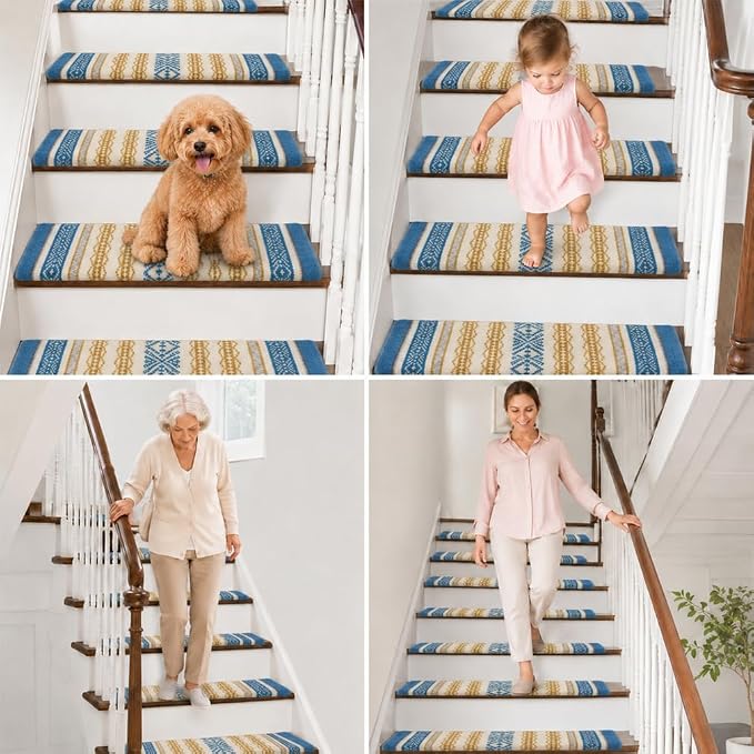Rounded Bullnose Carpet Stair Treads for Wooden Steps Indoor, No Tape Non Slip Step Mats with TPU Backing & Steel Reinforced Edge for Dogs Elders,Teal Stripe,28