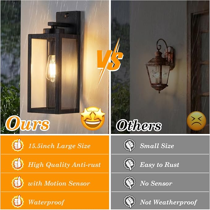 15" Large Upgraded Motion Sensor Outdoor Wall Lights, Matte Black | 3 Lighting Modes, Rust-Resistant, Quick & Easy Installation, Waterproof & Weatherproof, Thick Clear Glass & Durable Metal
