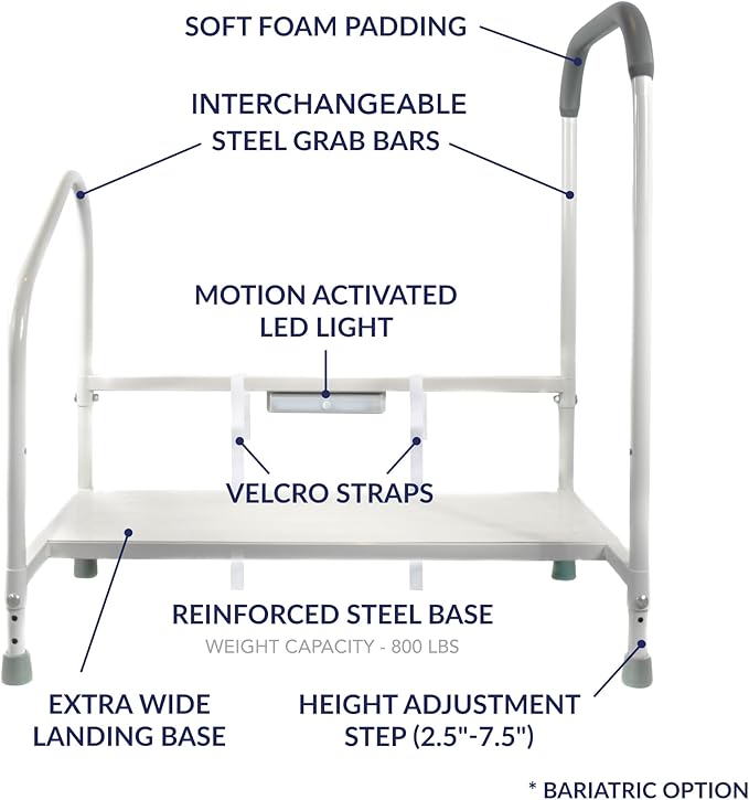 step2bed XL - Bedside Step Stool Bed Climbing Aid for Elderly & Handicapped – LED Light Guided Rails – Adjustable Height, Portable Fall Prevention Aid – Stainless Steel – 800 lb Capacity