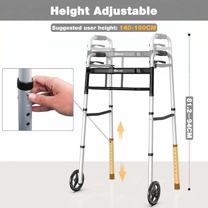 WHLICKS Folding Walkers for Seniors, Lightweight Aluminum Walker with 5'' Front Wheels and 2 Skis, Height Adjustable Standard Walker for Elderly and Disabled, Stable Frame up to 350 lbs