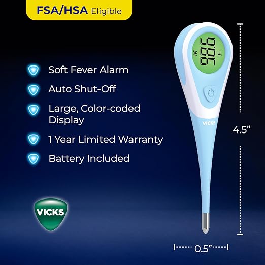 Vicks ComfortFlex Digital Thermometer for Adults & Children | Accurate Color-Coded Reading in 8 Seconds, for Oral, Rectal, or Under Arm Use