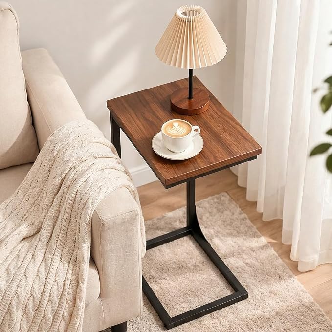 TEMI C Shaped End Table for Couch with Charging Station, Small Side Table TV Tray for Eating or Laptop, Accent Desk for Sofa or Chair, Space Saving Living Room Bedroom, Rustic Walnut