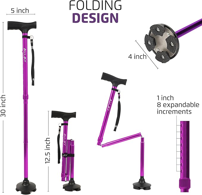 Allay Walking Cane for Men & Women - Foldable, Adjustable, Collapsible Walking Canes for Seniors Balance, Free Standing, Pivot Tip, Heavy Duty, with Travel Bag | Walking Sticks for Seniors & Adults