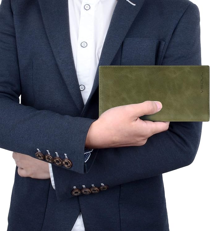 VISOUL Leather Checkbook Cover Wallet for Men with RFID Blocking, Mens Long Bifold Cash Tall Wallet with 11 Credit Card Slots 1 ID Window (Olive Green)