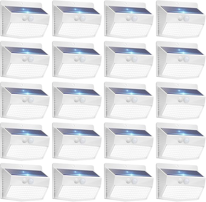 20 Pack Solar Motion Sensor Lights Outdoor Waterproof with 3 Modes | Cool White, White Frame, LED, Solar Powered, Security Lighting for Outside Wall Garden Fence Yard Deck Patio Garage
