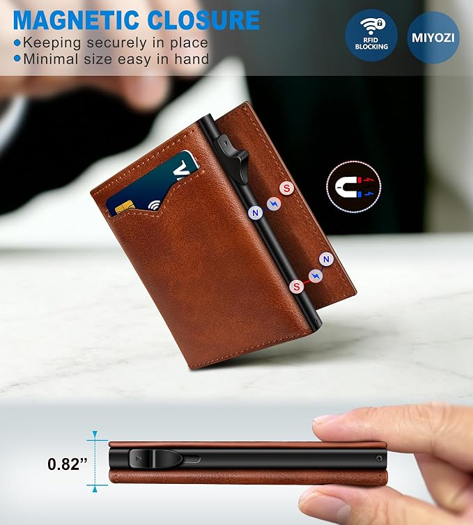 Wallet for Men,with Cash Pocket 2 ID Window 9-13 Cards,Metal Case Smart Slim Pop Up Credit Card Holder Flip with Magnetic Closure RFID Blocking Trifold wallet with Gift Box