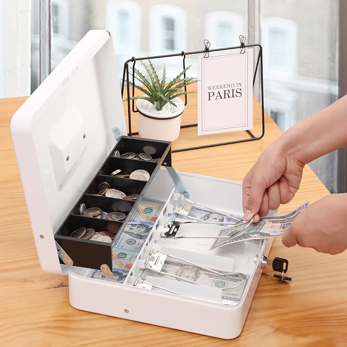 xydled Metal Cash Box, Cash Box with Money Tray and Key Lock, Storage Box, White,4 Bill / 5 Coin Slots,11.8" x 9.5" x 3.5",White