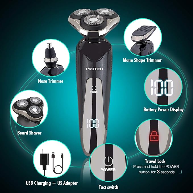 PRITECH Electric Razor for Men Rotary Electric Shavers for Men | with Nose & Sideburn trimmers, Wet & Dry Use, Travel Lock, LED Display, IPX6 Waterproof, USB Fast Charging, Gift for Men