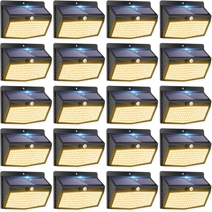 20 Pack Solar Motion Sensor Lights Outdoor Waterproof with 3 Modes | Warm White, Black Frame, LED, Solar Powered, Security Lighting for Outside Wall Garden Fence Yard Deck Patio Garage