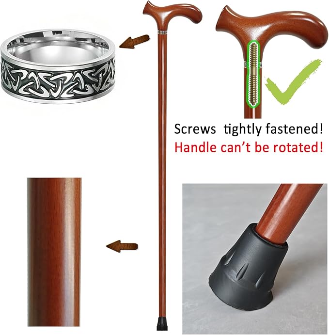 Wooden Walking Cane with 5 Height for Men and Women, Handmade Wood Cane with Comfort Grip Handle, Supportive Mobility Aid for Seniors, Fashionable & Classic Lightweight Stick