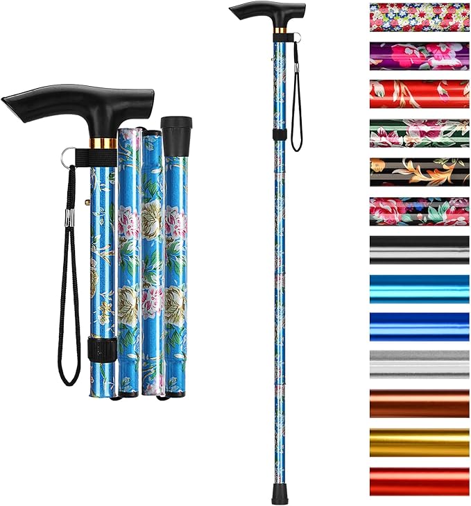 supregear Folding Cane, 5-Level Adjustable Height Walking Stick Lightweight Collapsible Portable Travel Cane with Wrist Strap and T Handle for Elderly Disabled Men Women