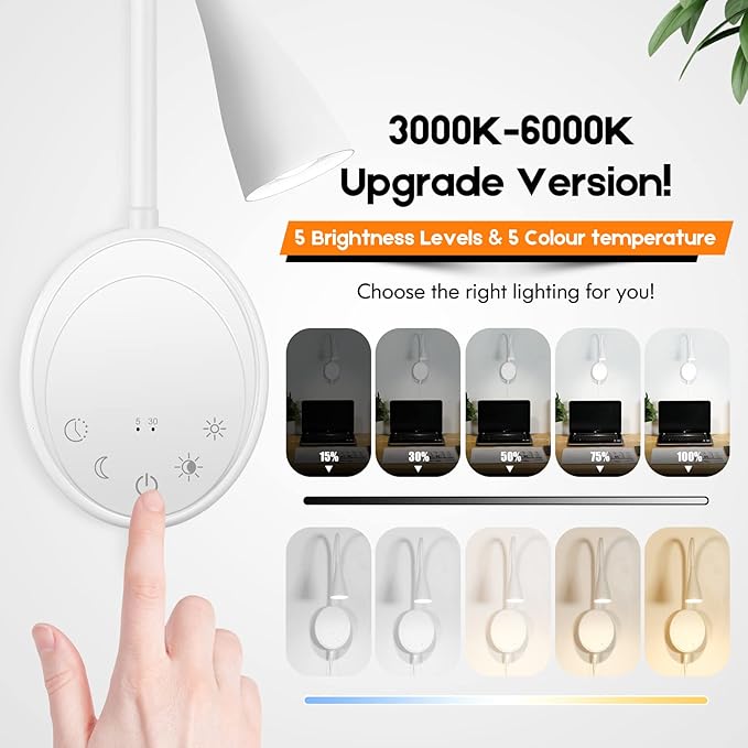 LED Wall Mount Reading Light, Bedside Reading Lights with Touch Control, 5 Dimmable, USB Output, Night Light & Timers, Flexible Gooseneck Headboard Bed Lights Wall Sconce (White-2P)