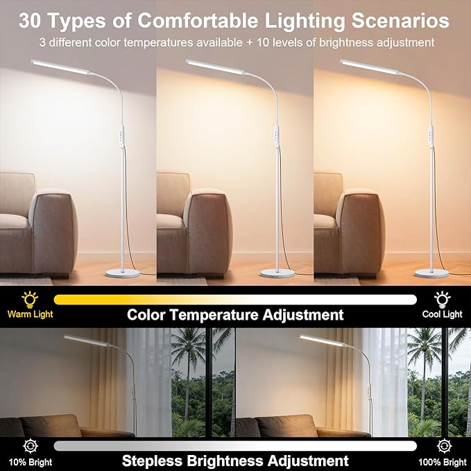 Bright LED Eye-Protecting Reading Floor Lamps with Touch and Remote Dimming 3000-6000k for Eyelash Manicure Craft Drawing Makeup Living Room Bedroom Office, Adjustable Gooseneck Modern Standing Light